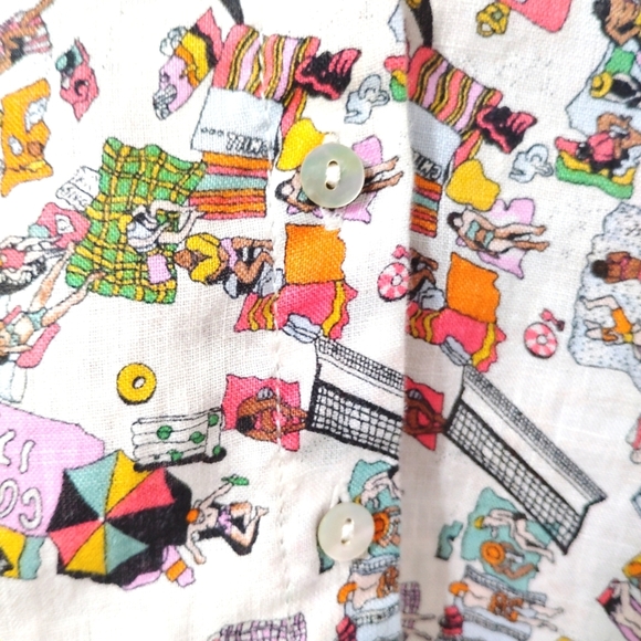 Nicole Miller Linen Summer Top Camp Shirt Button Down Colorful Beach Pattern XL - Picture 8 of 16